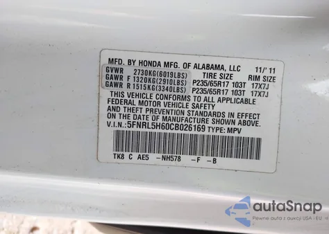 2012 Honda Odyssey Ex-L from USA, damaged, VIN 5FNRL5H60CB026169